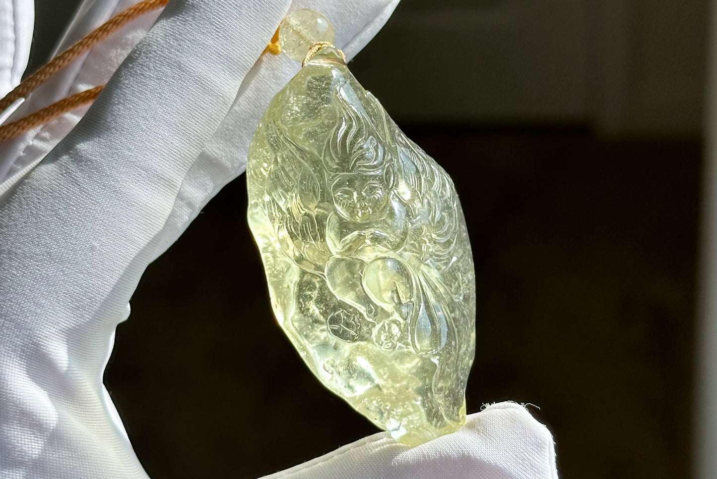 42.736Grams, Natural Authentic Libyan Desert Glass Tektite Hand Carved Butterfly Fairy Pendant, Genuine Libyan Desert glass Pendant, 天然利比亚黄金陨石手雕蝴蝶仙子吊坠