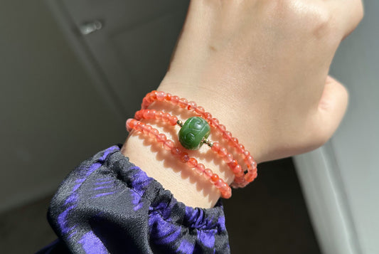 4.5mm+, Natural Szechuan Jiukou Nanhong Agate with Green Nephrite Three Wraps Bracelet , 天然川料冰飘南红配碧玉3圈手串