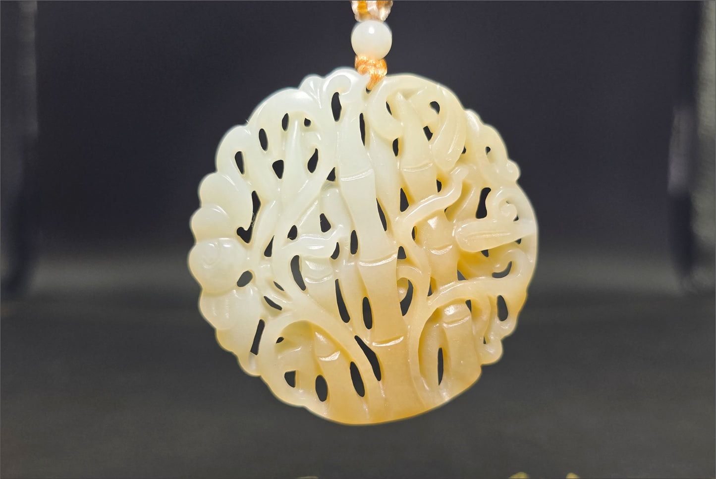 Certified Natural Qiemo Sugar-White Nephrite Jade Carved Bamboo Pendant, 天然且末糖白雕刻竹节圆牌吊坠