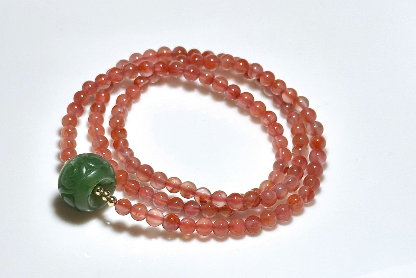 4.5mm+, Natural Szechuan Jiukou Nanhong Agate with Green Nephrite Three Wraps Bracelet , 天然川料冰飘南红配碧玉3圈手串