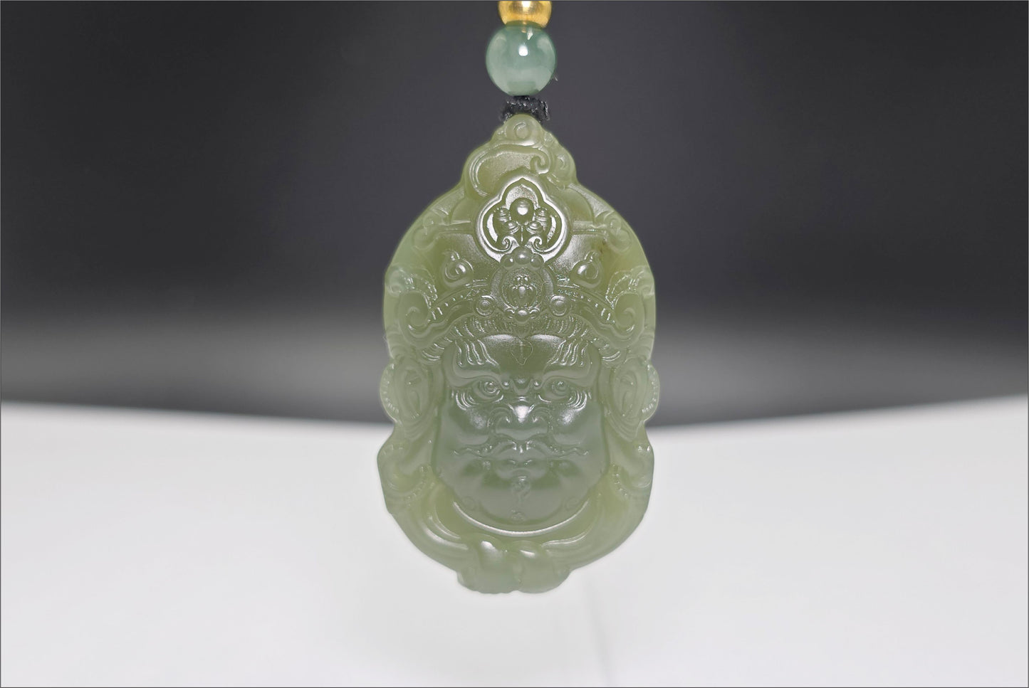 Certified Natural Lake-Green Nephrite Jade Carved Yellow Jambhala Pendant, 天然青海老料湖水绿雕刻黄财神头吊坠