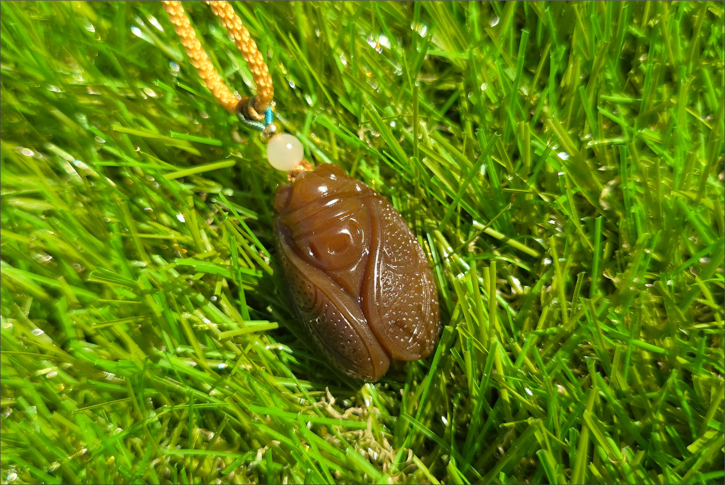 Certified Natural Full Brown Sugar Nephrite Jade Hand-Carved Cicada Pendant, 天然且末糖手工雕刻一鸣惊人(蝉)吊坠