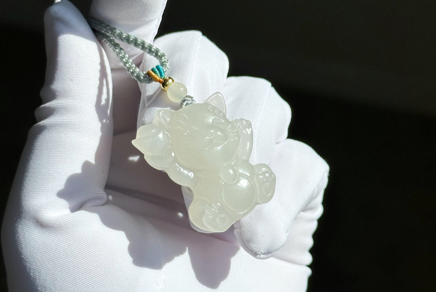 Certified Natural White Nephrite Jade Fortune Cat Pendant, Jade Maneki-Neko Pendant, 天然和田白玉招财猫吊坠