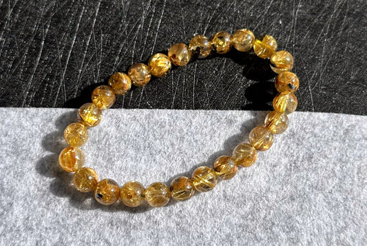 7.5mm+, Certified Top Quality Natural Golden Rutilated Quartz with Hematite Bracelet, Superpower Ore Titanium Golden Rutilated, 天然母矿超能金钛晶手串