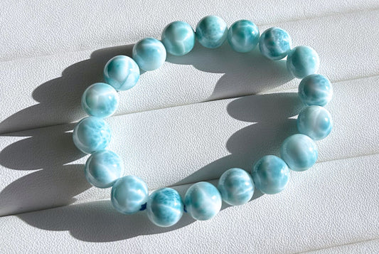 9.5mm+, Natural High Quality Dominican Blue Larimar Beads Bracelet, Dominican Republic Larimar Bracelelt, 多米尼加天然海纹石手串 (Copy)