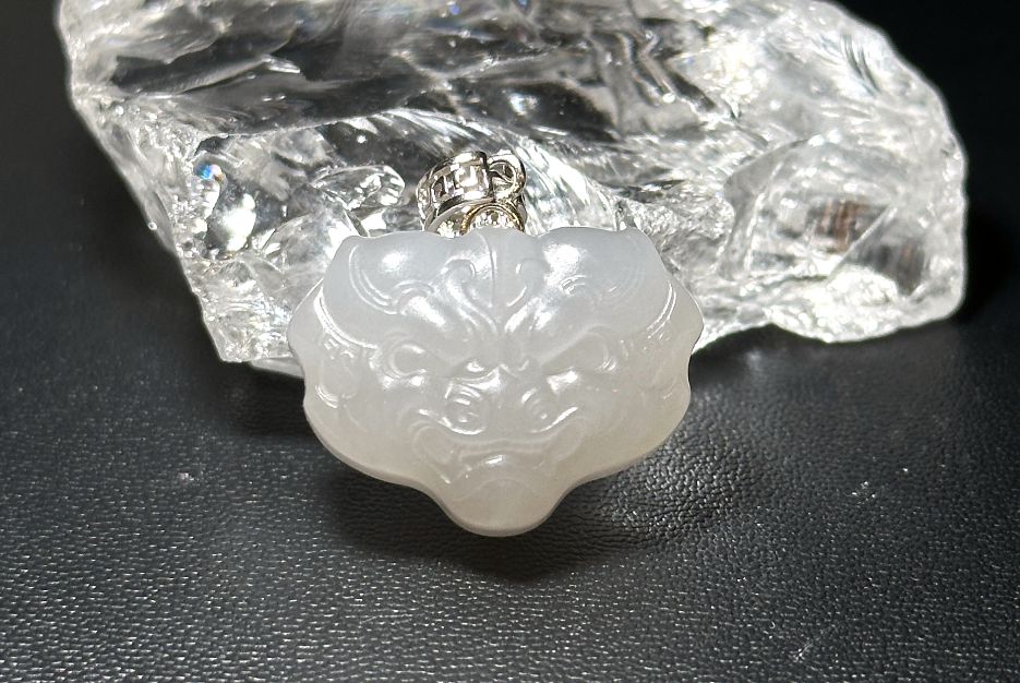 Certified Smoky Gray Jade Carved Beast Face Pendant, Gray Nephrite Jade S925 Sterling Silver Pendant, 天然冰底浅烟紫和田玉雕刻兽面吊坠