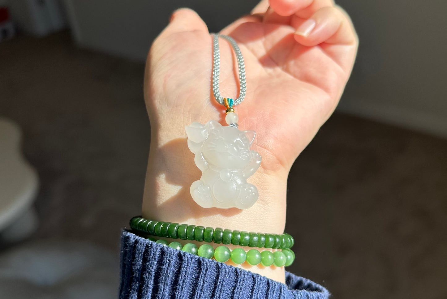 Certified Natural White Nephrite Jade Fortune Cat Pendant, Jade Maneki-Neko Pendant, 天然和田白玉招财猫吊坠
