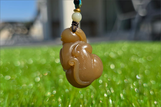 Certified Natural Brown Sugar and White Nephrite Jade Hand-Carved Monkey Pendant