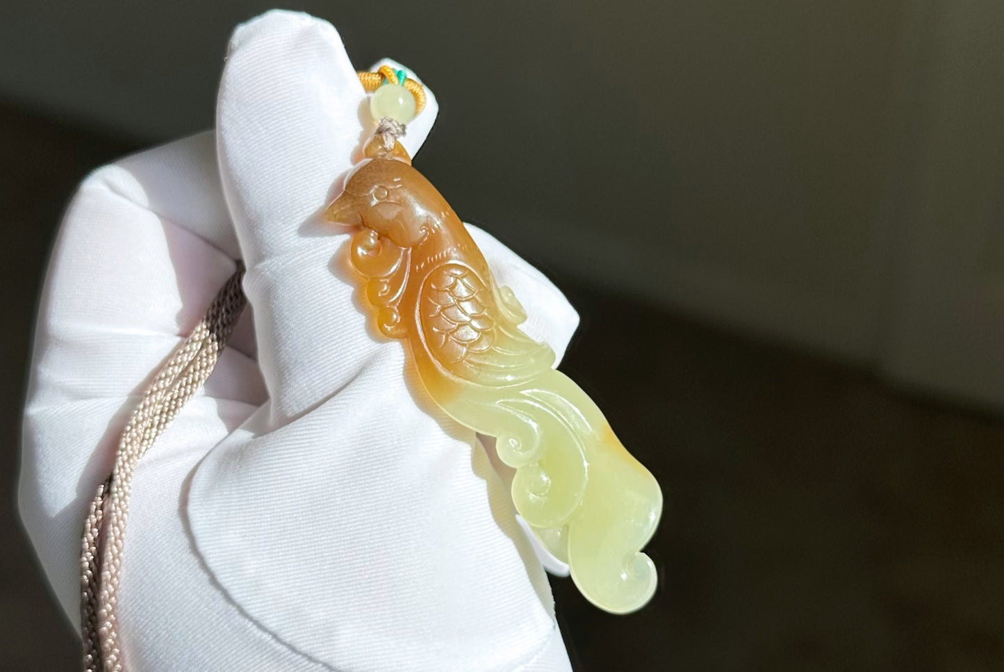 Certified Natural Sugar Brown and Yellow Nephrite Jade Hand-Carved Phoenix Pendant, 天然若羌黄口带糖手工雕刻凤凰吊坠