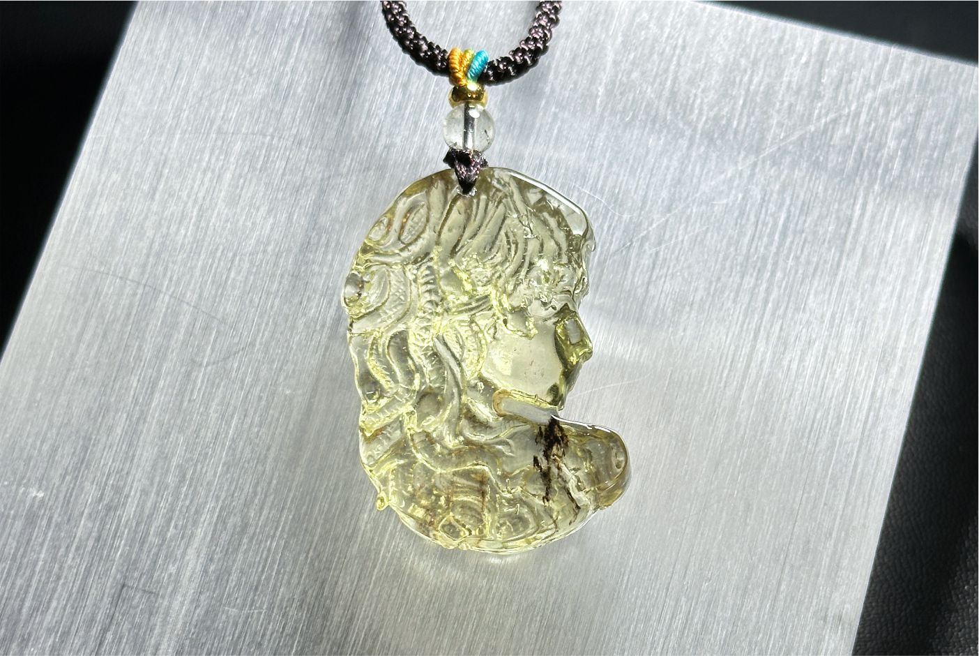 12.648 grams, Natural Top Grade High Clarity Authentic Libyan Desert Glass Tektite Carved Medusa Pendant, 天然透体利比亚陨石雕刻美杜莎吊坠