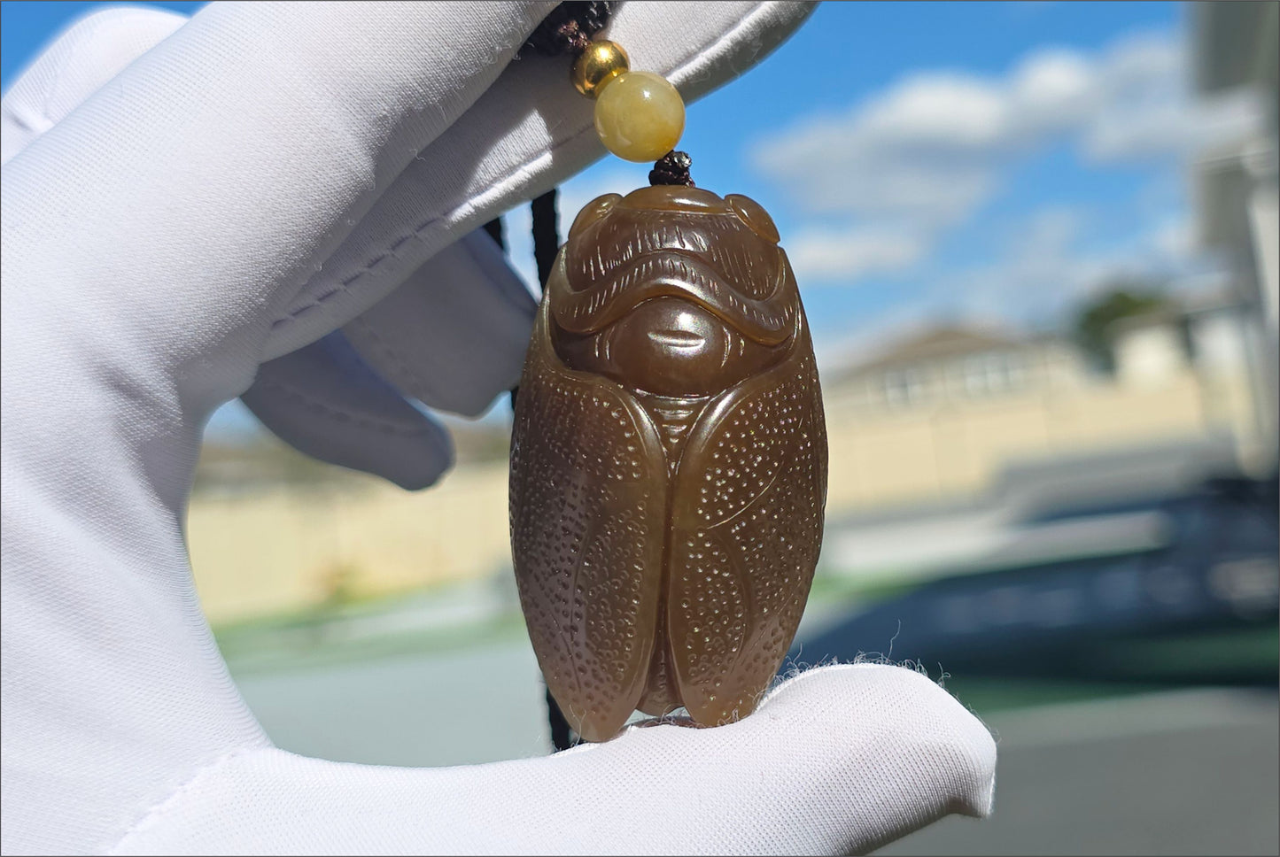 Certified Natural Full Brown Sugar Nephrite Jade Hand-Carved Cicada Pendant, 天然且末糖手工雕刻一鸣惊人(蝉)吊坠