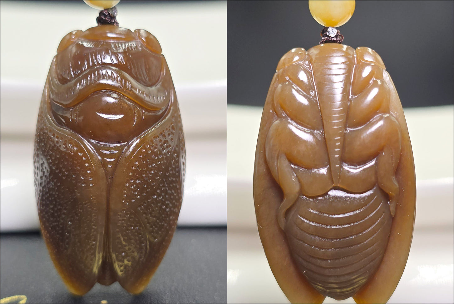 Certified Natural Full Brown Sugar Nephrite Jade Hand-Carved Cicada Pendant, 天然且末糖手工雕刻一鸣惊人(蝉)吊坠