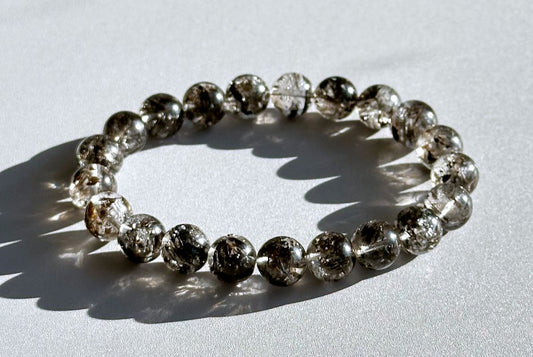 9mm+, Certified Natural High Grade Herkimer Diamond Round Beads Bracelet, Herkimer Diamond Bracelet, 天然最高级黑武士闪灵钻圆珠手串