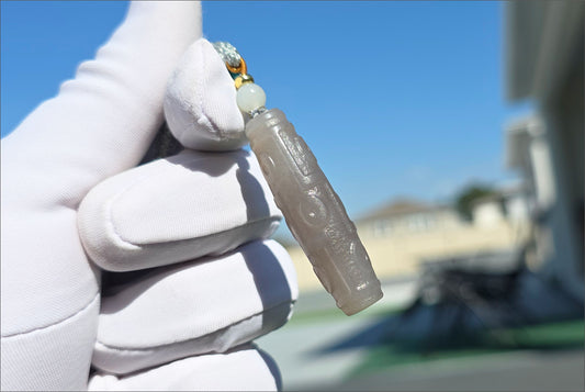 Certified Natural Smoky Gray Nephrite Jade Carved Nine-Eyed Dzi Bead Pendant, 天然烟灰和田玉雕刻九眼天珠吊坠