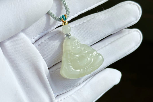 Certified Natural White Nephrite Jade Carved Maitreya Buddha Pendant, 天然青海和田白玉雕刻弥勒佛吊坠