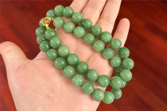12mm, Certified Natural Powder Green Nephrite Jade Bead Necklace, 天然俄料7号矿色标粉绿项链