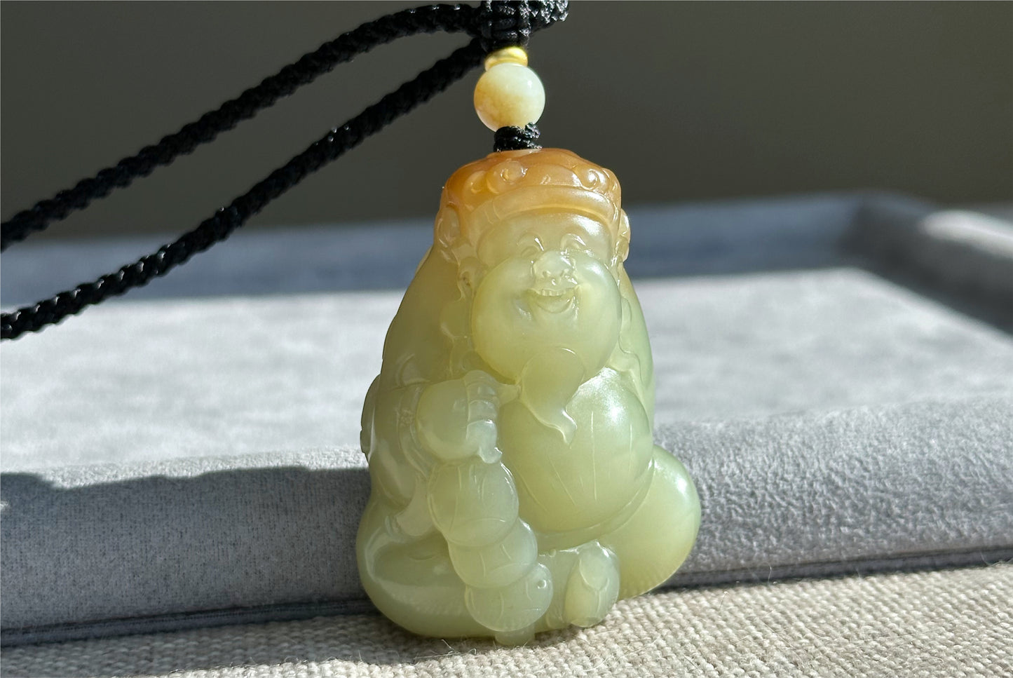 Certified Natural High-Quality Ruoqiang Yellow Nephrite Jade with Sugar Hand-Carved God of Wealth Big Pendant, 天然若羌黄口带糖手工雕刻财神吊坠