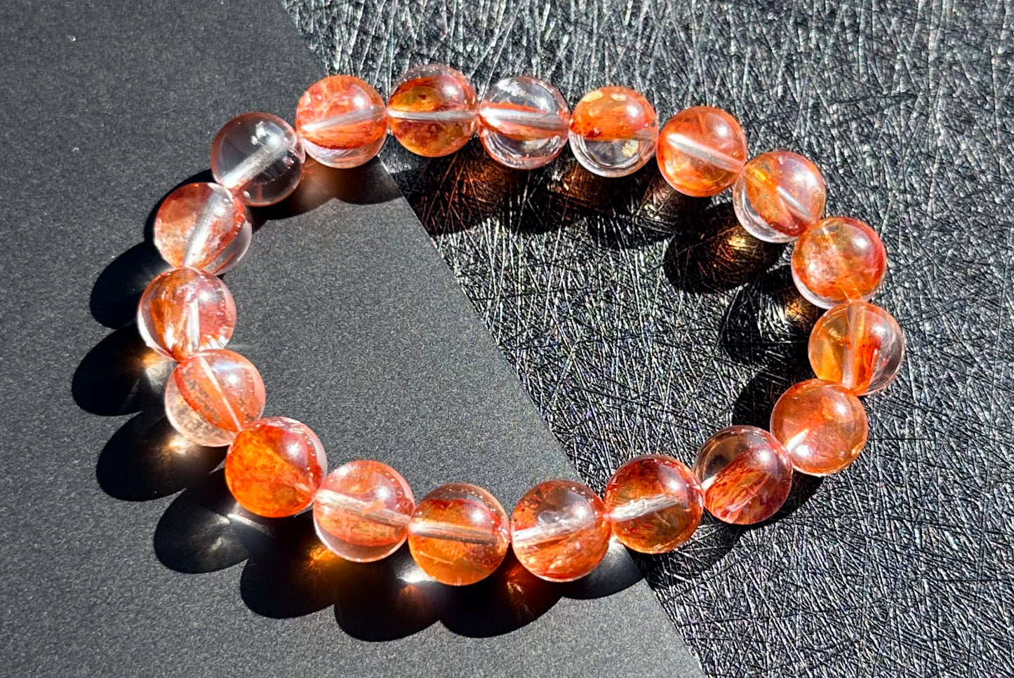 10.3mm+, Certified Natural Top Grade Fanta Hematoid Quartz Bead Bracelet, Fire Quartz bracelet, 天然顶级大闪片芬达橙胶花水晶手串