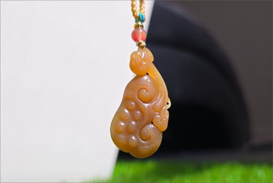 Certified Natural Qiemo Sugar Nephrite Jade Hand-Carved Ruyi Pendant, 天然且末糖手工雕刻如意吊坠