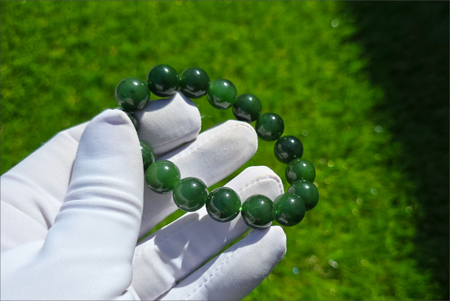 12mm, Certified Natural Rich Spinach Green Nephrite Jade Bead Bracelet, 天然俄老油菠菜绿碧玉手串