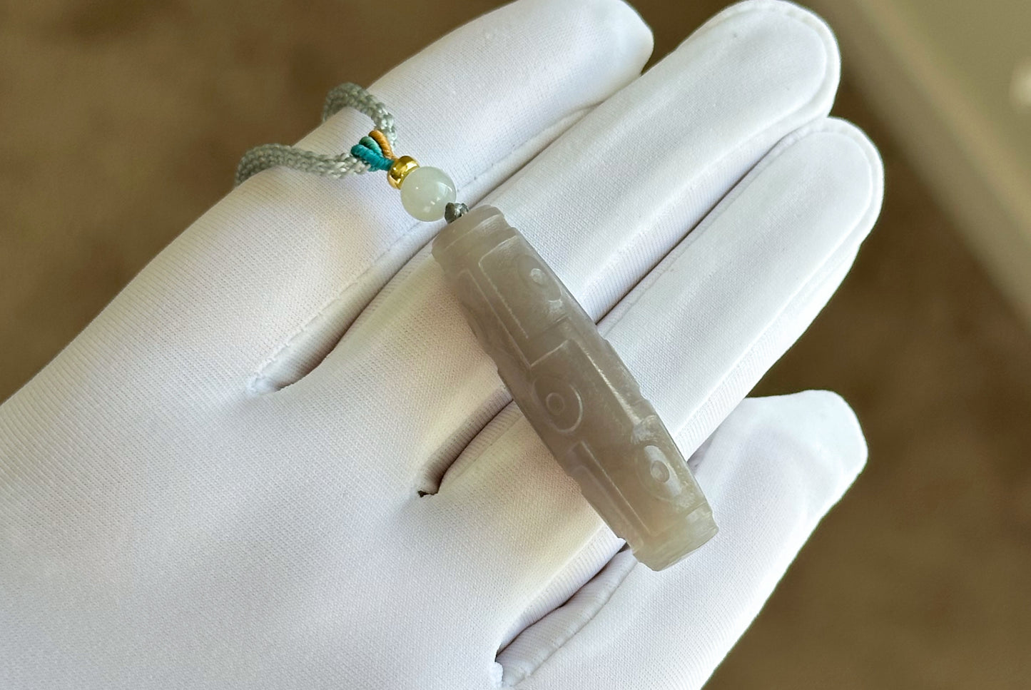 Certified Natural Smoky Gray Nephrite Jade Carved Nine-Eyed Dzi Bead Pendant, 天然烟灰和田玉雕刻九眼天珠吊坠