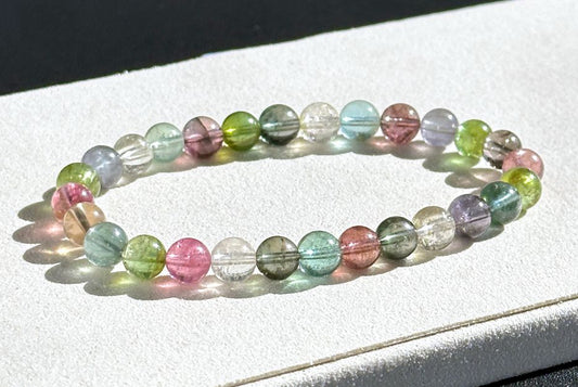 6.5mm+, Certified Natural High Clarity Multi Color Tourmaline Bracelet, Old Mine Brazillian Tourmaline Bracelet, 天然玻璃体碧玺手串