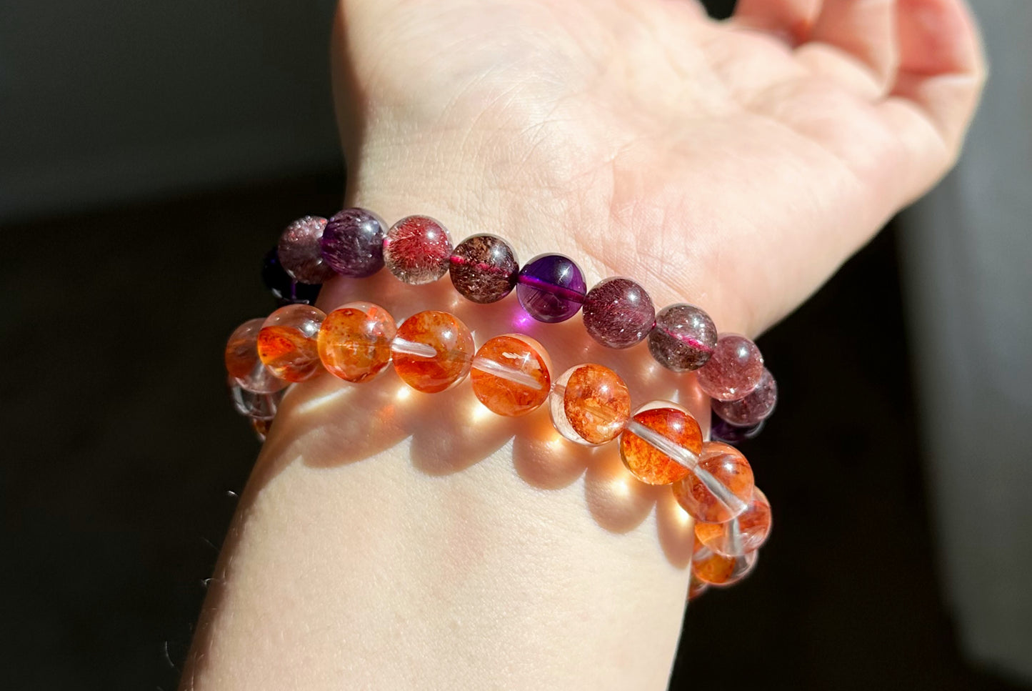 10.3mm+, Certified Natural Top Grade Fanta Hematoid Quartz Bead Bracelet, Fire Quartz bracelet, 天然顶级大闪片芬达橙胶花水晶手串