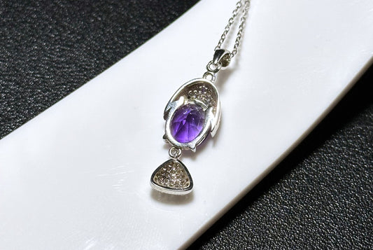 Natural Amethyst Pendant, Unheated Brazil Amethyst S925 Sterling Silver Pendant Necklace, 巴西天然紫晶纯银吊坠