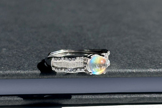 Certified Natural Madagascar Rainbow Moonstone Silver Ring, Genuine uncoated Rainbow Moonstone, 嘛岛宝石级净体彩月光石纯银女戒