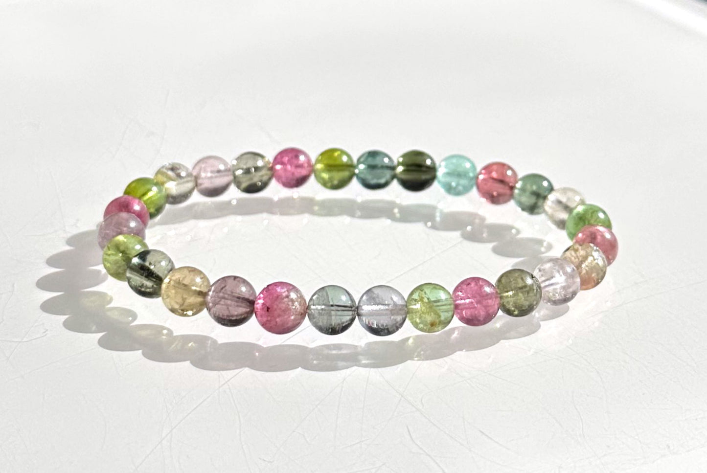 6.5mm+, Certified Natural High Clarity Multi Color Tourmaline Bracelet, Old Mine Brazillian Tourmaline Bracelet, 天然玻璃体碧玺手串