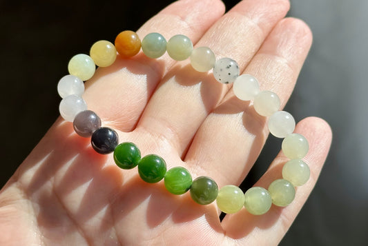 8mm, Certified Natural Multi Nephrite jade Beads Bracelet, High Quality Multi Color Nephrite Jade Beads Bracelet, 天然色标多宝和田玉手串