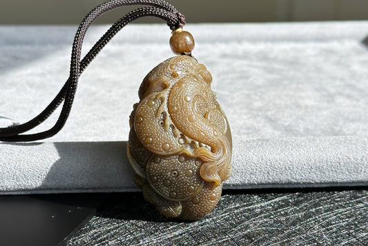 Big 94Grams, Certified Natural Full Brown Sugar Nephrite Jade Hand-Carved Dragon Small Handle / Big Pendant, 天然且末老红糖手工雕刻龙,小手把大挂件