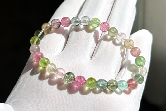 6.5mm+, Certified Natural High Clarity Multi Color Tourmaline Bracelet, Old Mine Brazillian Tourmaline Bracelet, 天然玻璃体碧玺手串