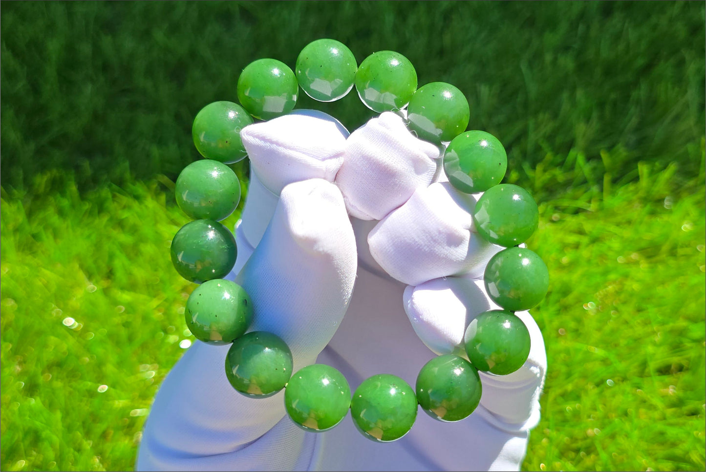 12mm, Certified Natural Untreated Green Nephrite Jade Beads Bracelet, 天然阳绿碧玉手串