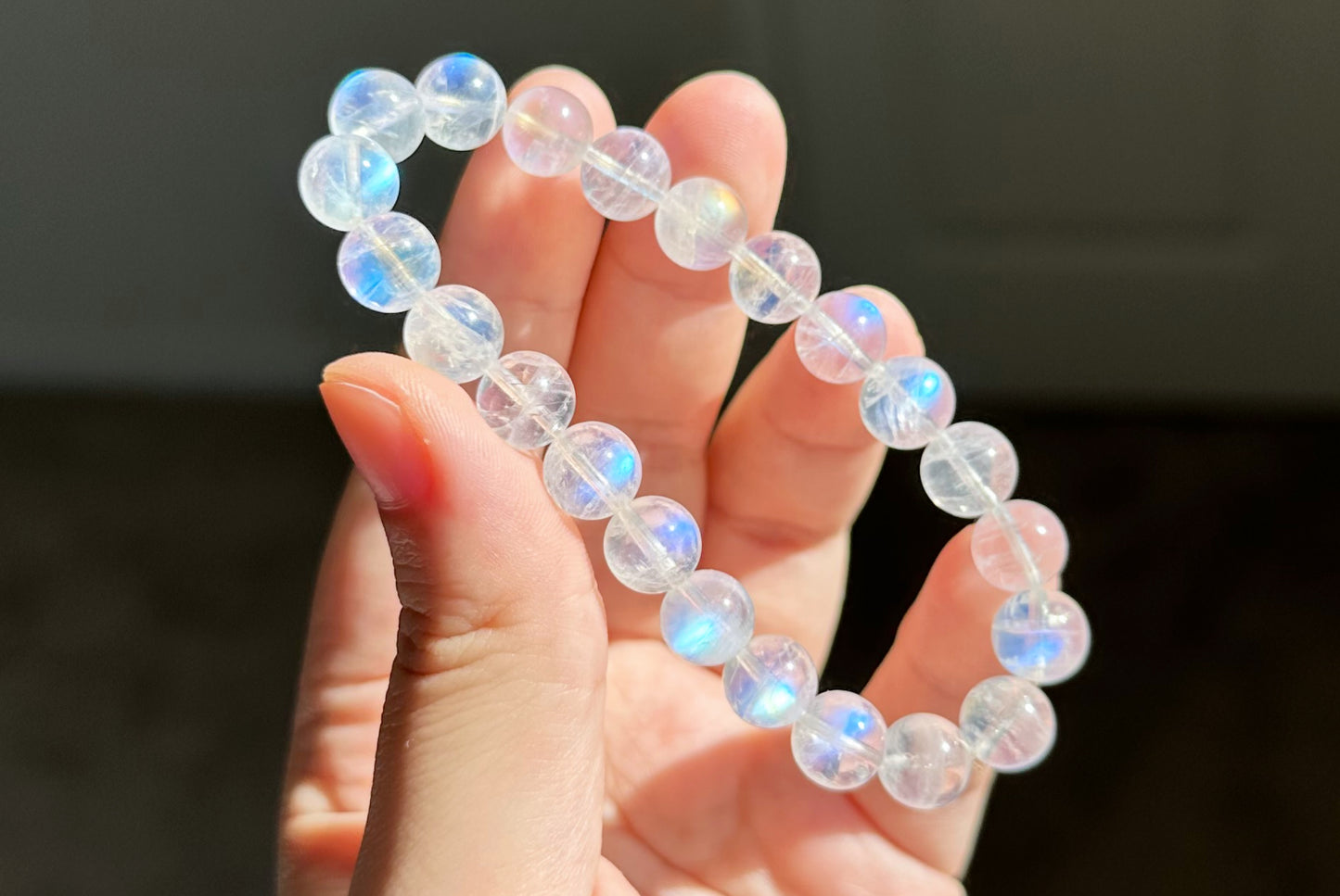 8.6mm, Certified Natural Rainbow Moonstone Bracelet, India Blue Moonstones Bracelet, Rainbow Moonstone Bracelet, 天然正经印度无酸洗蓝月光石手串