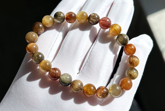 8mm, Certified Natural Collection's Grade Natural Cat Eye Multicolor Rutilated Quartz bracelet, Rutilated Beads bracelet, 收藏级天然满顺猫眼彩发晶手串