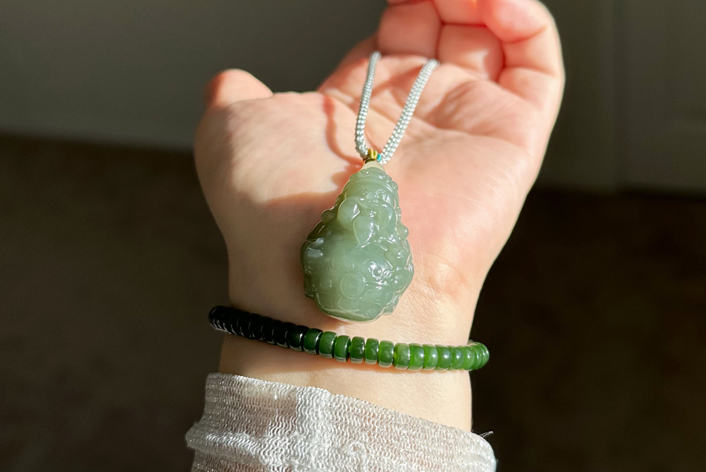 Certified Natural Untreated Blue Nephrite Jade Carved Caishen (God of Wealth) Pendant, 且末蓝和田玉财神