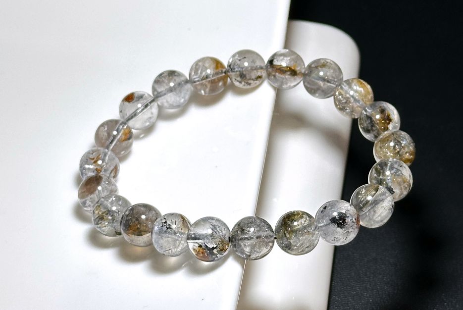 9.5mm, Natural Skeletal Herkimer Diamond Round Beads Bracelet, Herkimer Diamond Bracelet, 天然骸骨闪灵钻圆珠手串