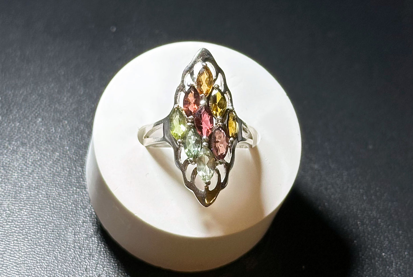 Natural Multi Color Tourmaline Ring, 925 Sterling Silver, Marquise cut Tourmaline Ring, October Birthstone, 天然碧玺纯银女戒