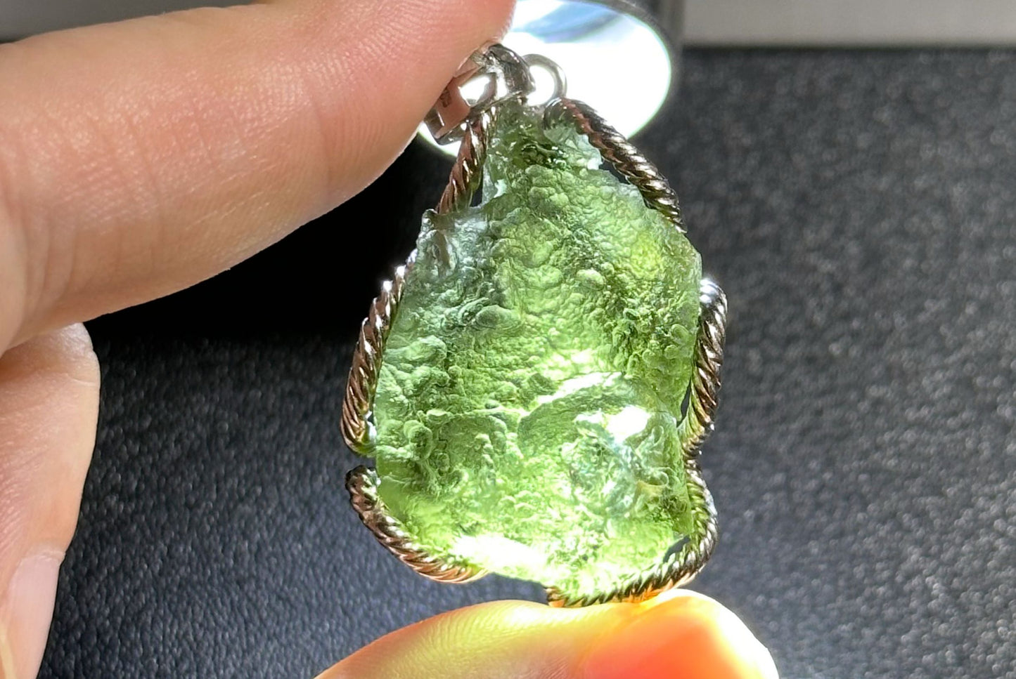 10.99Grams, Authentic Raw Moldavite tektite Silver Warpped Pendant, Real Raw Moldavite Pendant, 天然稀有捷克陨石原石手工包纯银吊坠