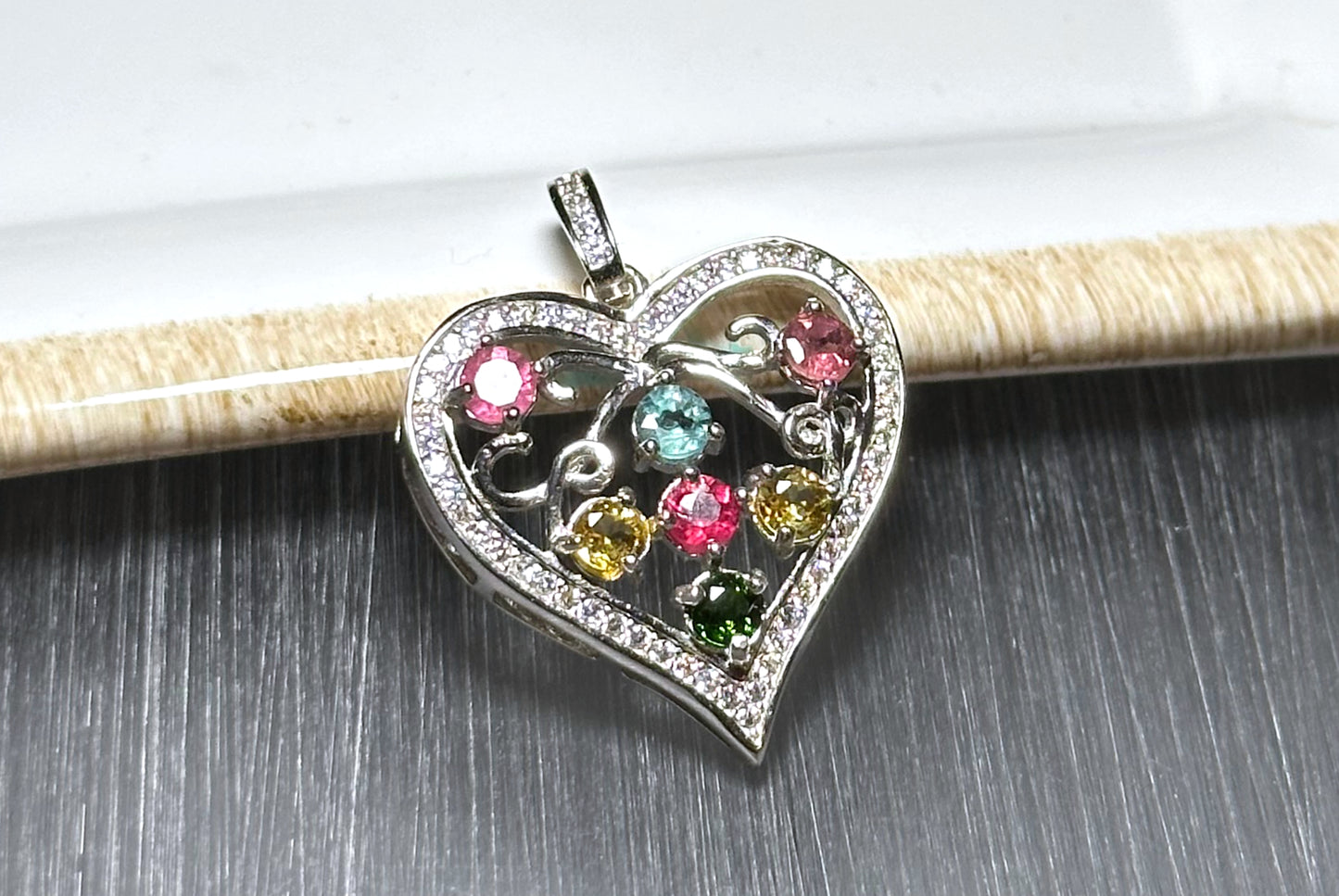 Natural Tourmaline S925 Sterling Silver Pendant, Tourmaline Pendant, Silver tourmaline pendant, Heart Shape Tourmaline Pendant, 天然碧玺纯银项链