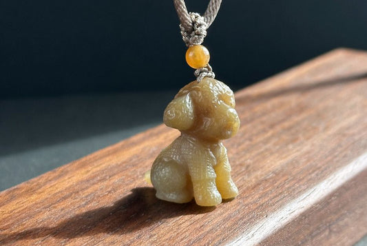 Certified Natural Sugar Brown Nephrite Jade Carved Teddy Dog Pendant, Yellow Sugar Nephrite Pendant, 天然无优化且末糖玉雕刻泰迪狗狗吊坠