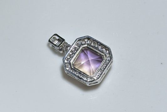 11x11-7carats, Certified Natural Ametrine Pendant, 925 Sterling Silver, Ametrine Asscher Cut Pendant, Untreated Ametrine Necklace, 天然紫黄晶吊坠