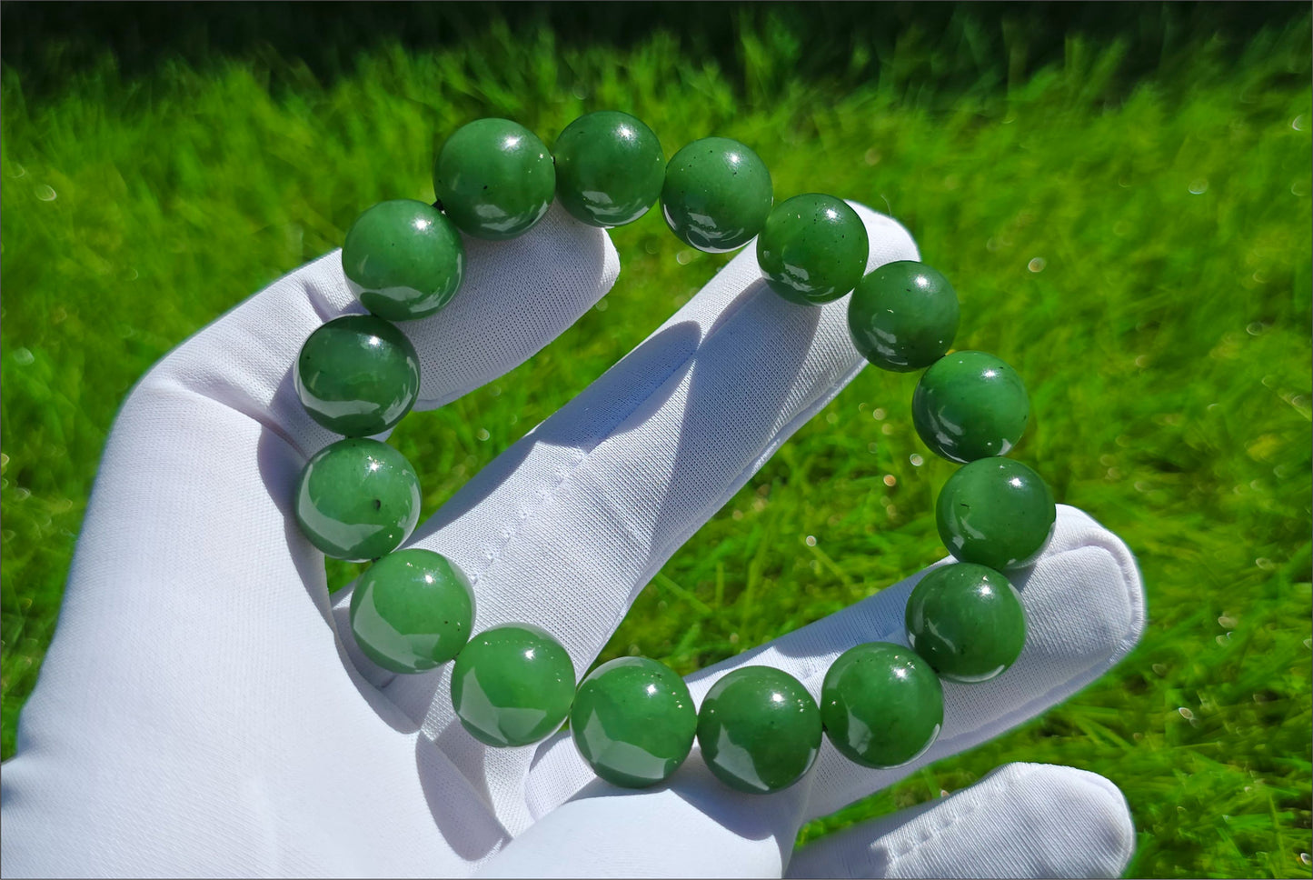 12mm, Certified Natural Untreated Green Nephrite Jade Beads Bracelet, 天然阳绿碧玉手串