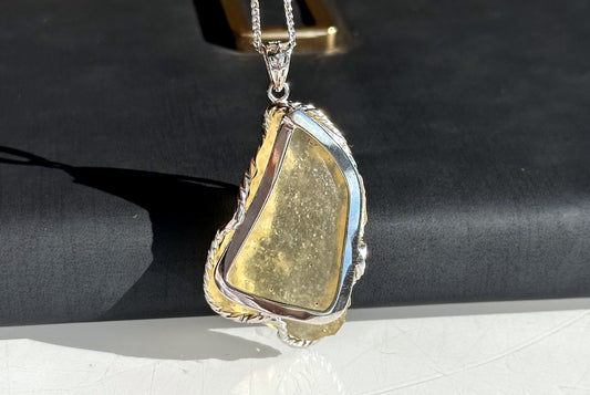13.642 Grams, Natural Authentic Libyan Desert Glass Tektite Silver Wrapped Pendant, Raw Libyan Desert Glass Pendant, 天然利比亚黄金陨石原石吊坠