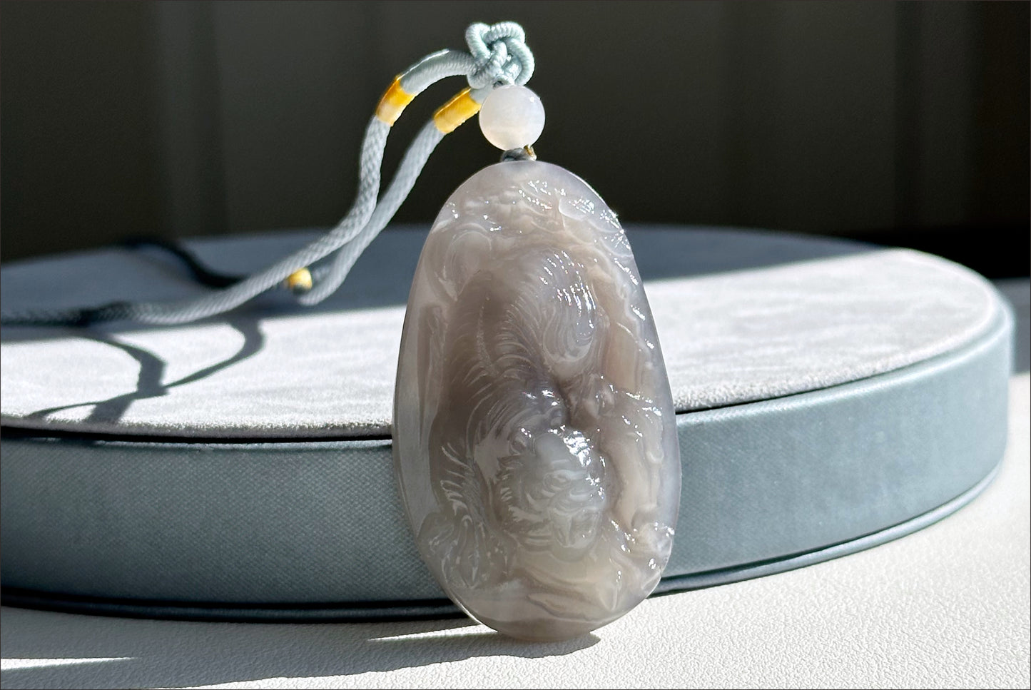 Certified Natural Smoky Purple Nephrite Jade Hand-Carved Tiger Pendant