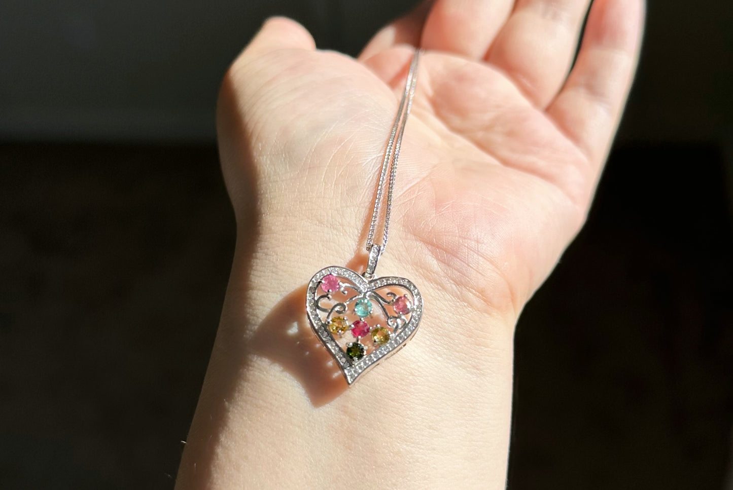 Natural Tourmaline S925 Sterling Silver Pendant, Tourmaline Pendant, Silver tourmaline pendant, Heart Shape Tourmaline Pendant, 天然碧玺纯银项链