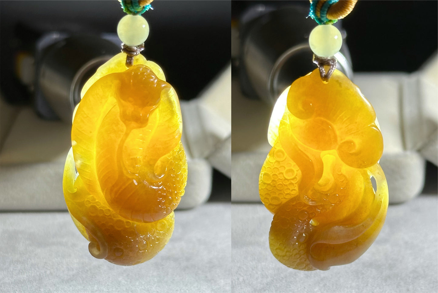 Certified Natural Yellow Sugar Nephrite Jade Hand-Carved Cobra Pendant – Jade Snake Pendant, 天然且末黄糖和田玉手工雕刻眼镜蛇吊坠吊坠