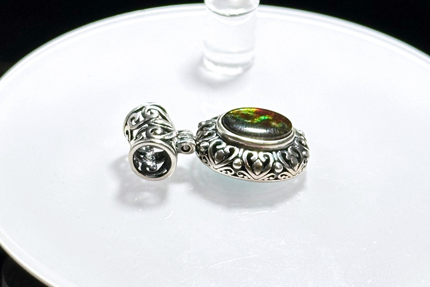 8x10, Natural High Grade Ammolite Stone Pendant Necklace, 925 Sterling Silver, Canada Natural Ammolite Pendant, 天然无拼接斑彩螺化石纯银吊坠