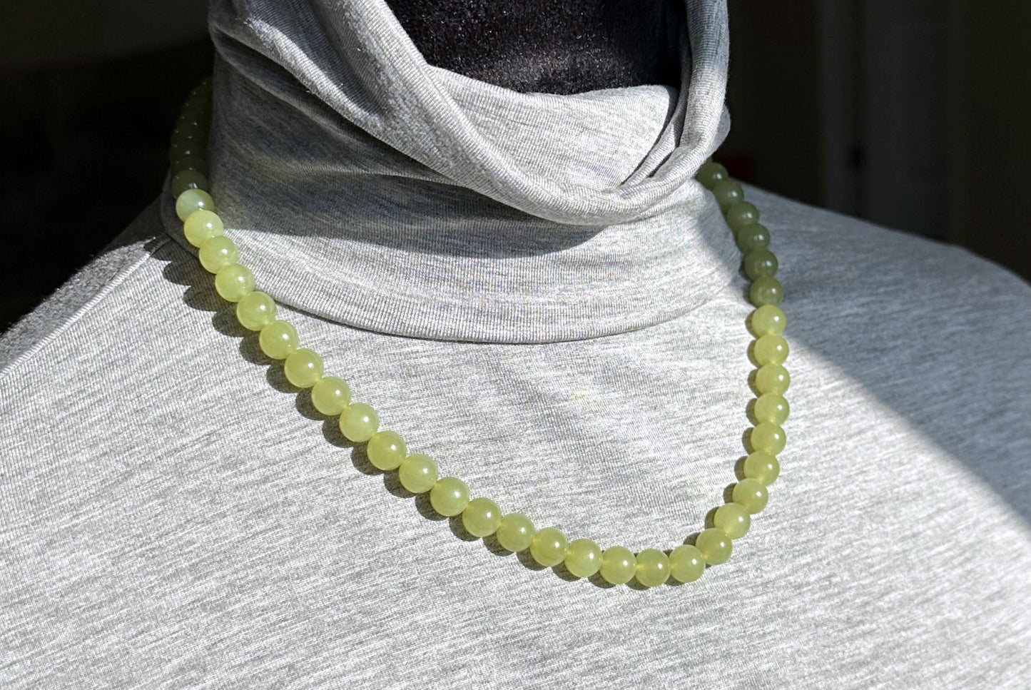 8mm, Certified Natural High Quality Greenish-Yellow Nephrite Jade Bead Necklace, 天然高品质青黄口和田玉项链